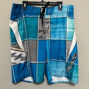 Billabong Board Shorts Mens 38 Blue Teal Grey Plaid Geometric Surf Swim Trunks